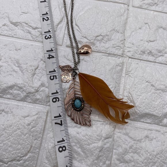 Bohemian Pendant Necklace Feather Charm Turquoise Accent & Silver Tone Chain - Picture 7 of 7